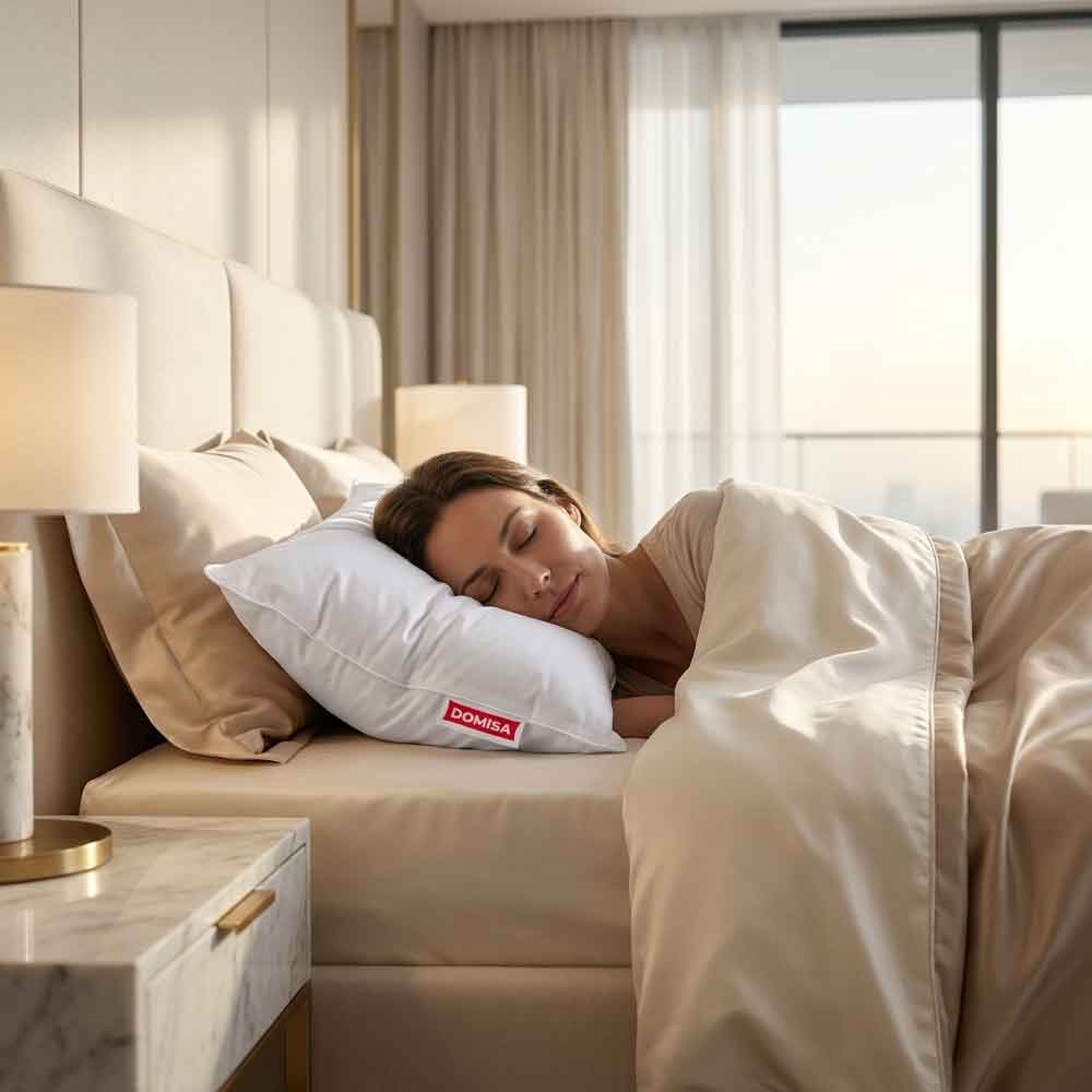 Pernă Domisa Serene 50x70 cm cu 90% puf și 10% pene de gâscă, albă, folosită de o femeie care doarme confortabil într-un dormitor elegant