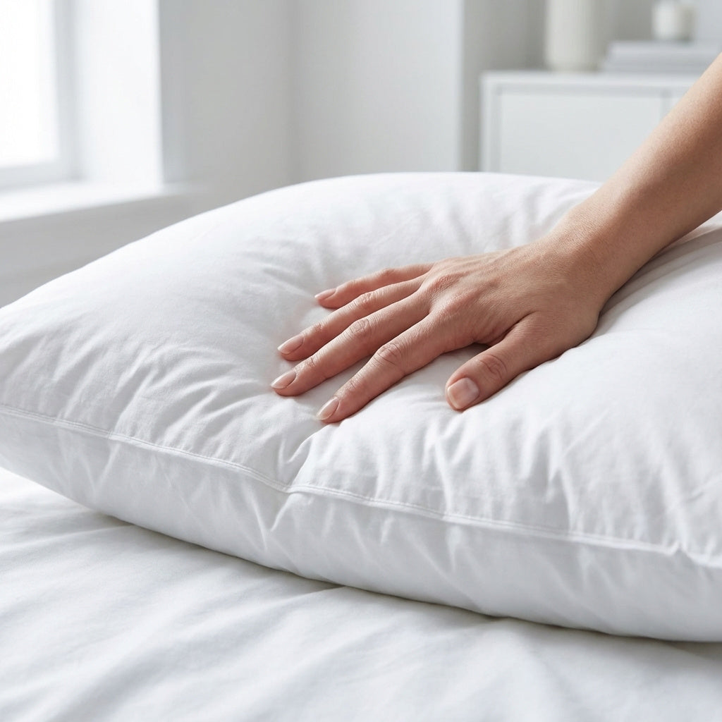 Perna Celeste 3 camere cu puf de gasca apasata de o mana de om