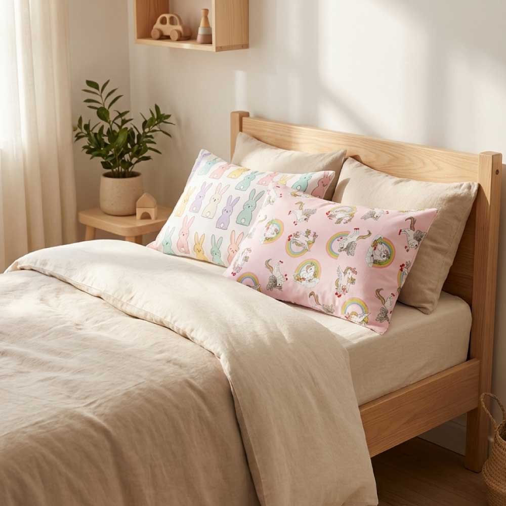 Fete de Pernă din Bumbac pentru Copii – Model Unicorn & Iepurași, cu Fermoar Ascuns Domisa