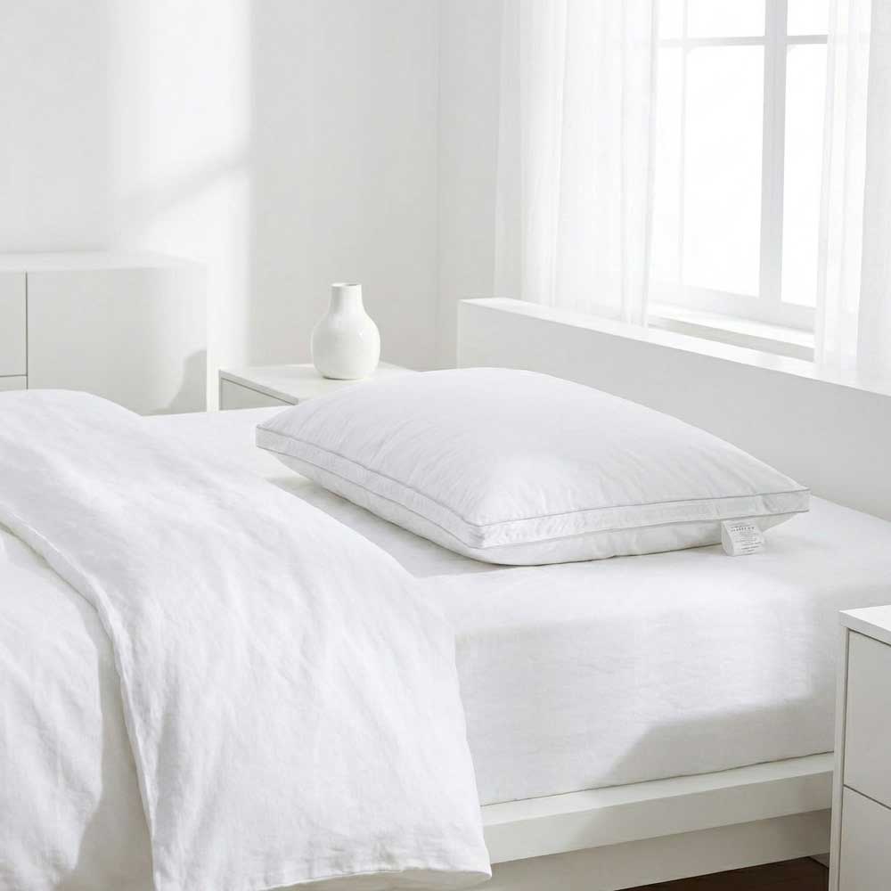 Perna puf gasca 3 camere Celeste cu bordura 4cm , 50x70cm, Alb Domisa asezata pe un pat alb in dormitor minimalist