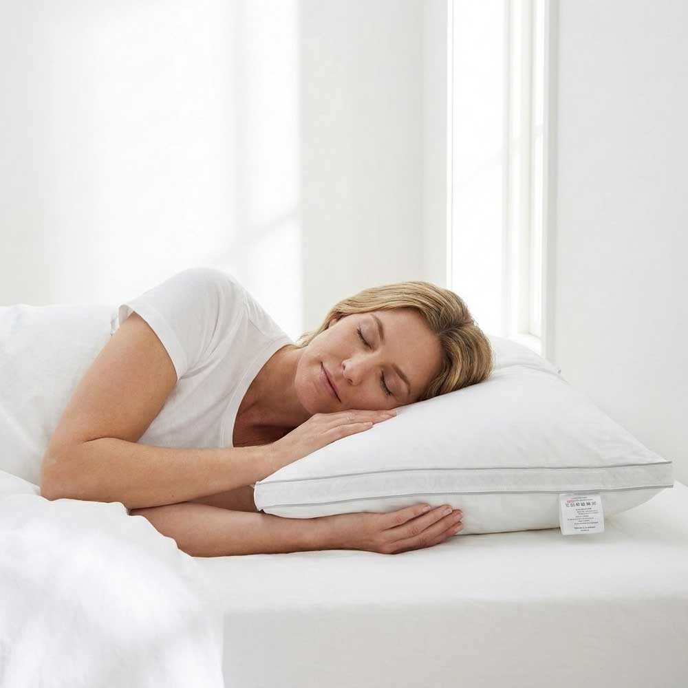 Perna Celeste 3 camere cu puf de gasca sub capul unei femei