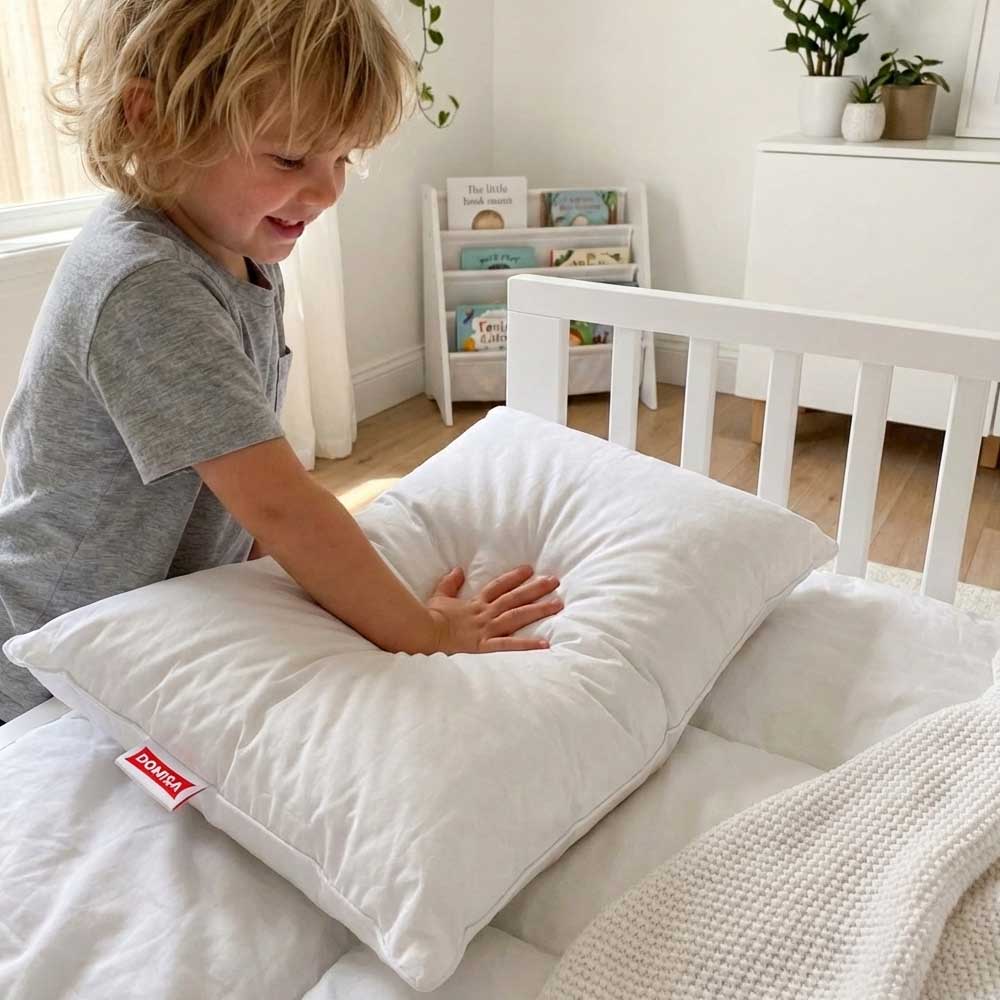 Perna asezata pe pat apasat de catre un baietel. Perna alba din puf de gasca pentru copii 30x50