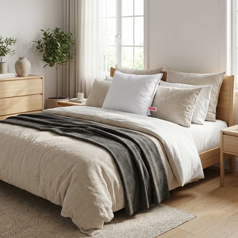 Perna Ovia 70x70 asezata intr-un dormitor cu multe perne