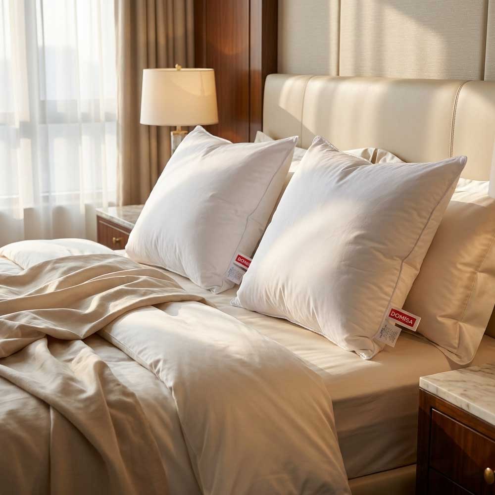 Doua perne serene puf de gasca 70x70 pe un pat king size de hotel