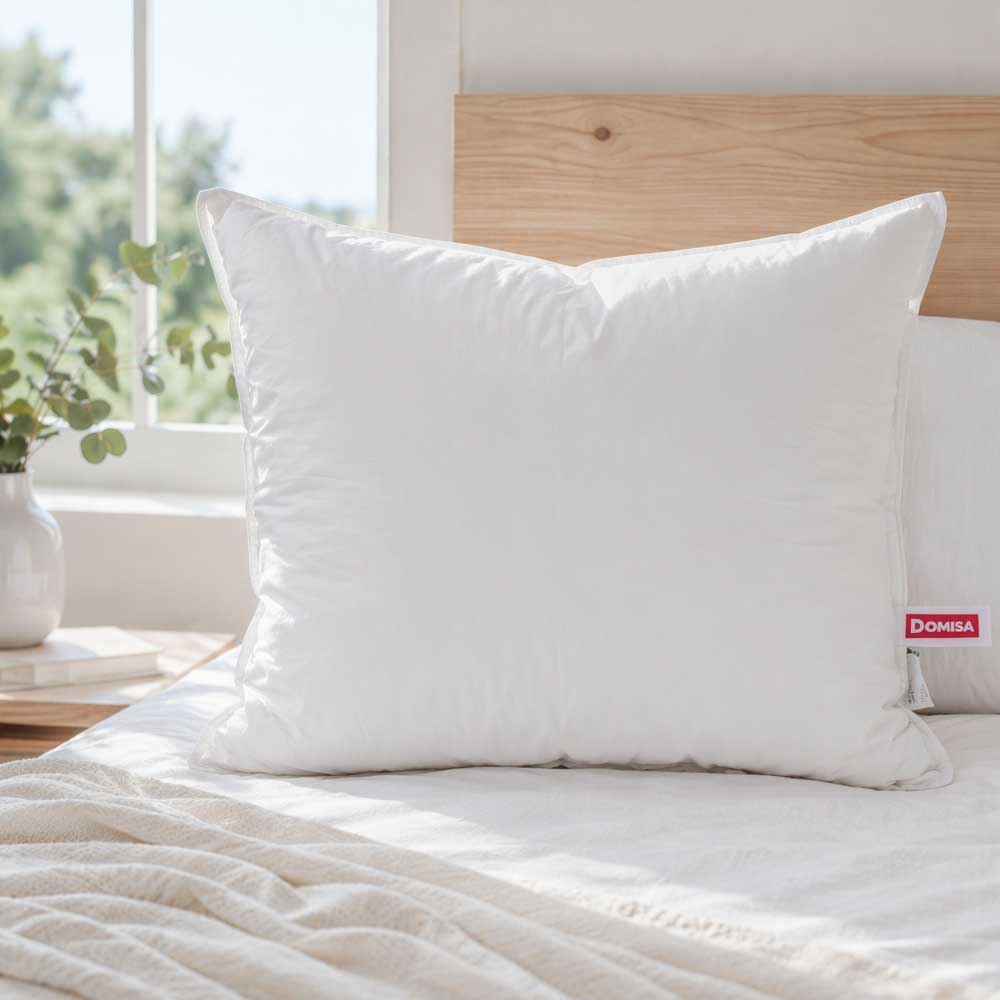 Perna 80x80 din puf de gasca asezata intr-un dormitor alb minimalist