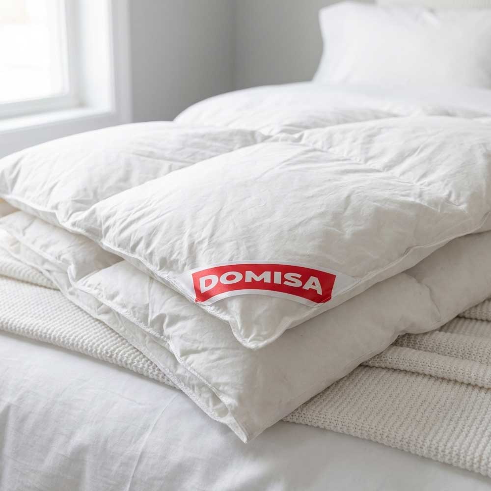 pilota puf gasca impaturata si asezata pe pat culoare alba brand domisa