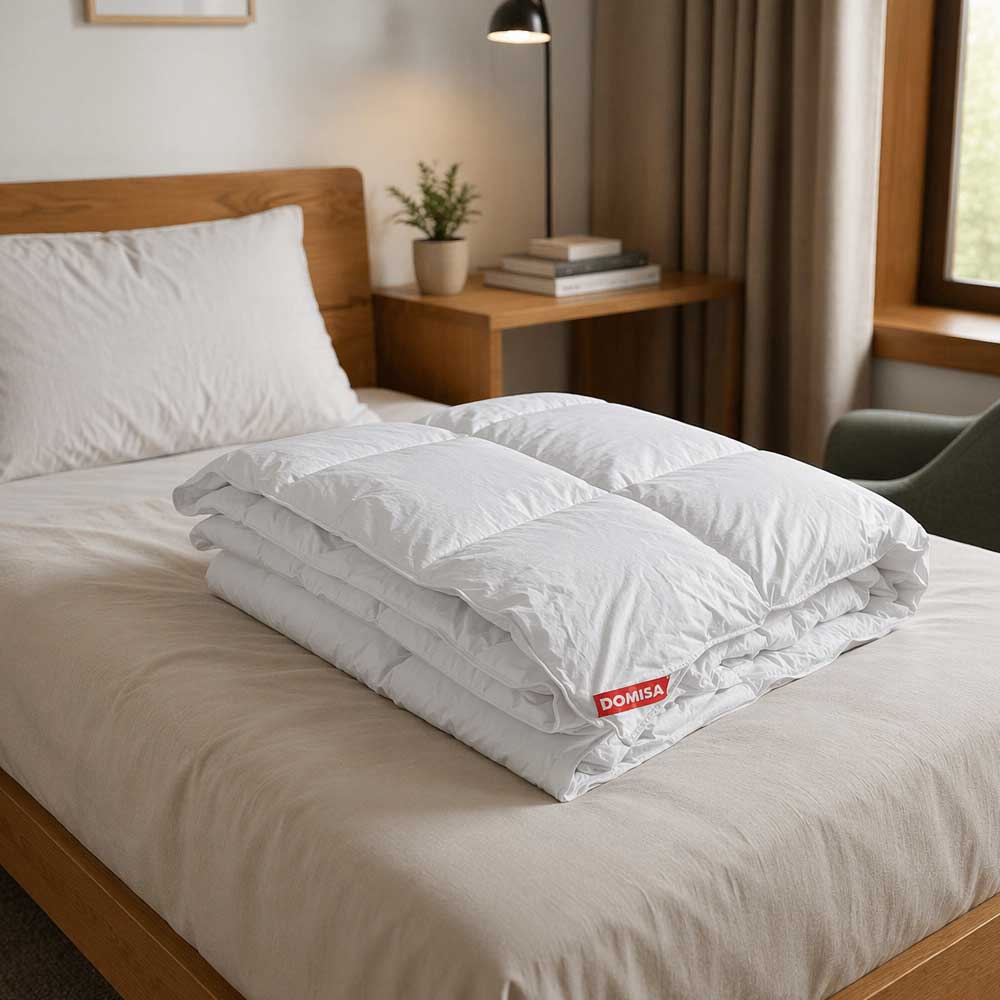 Pilotă Ovia albă 140x200 cm umplută cu 15% puf și 85% pene de gâscă, prezentată împătурită elegant