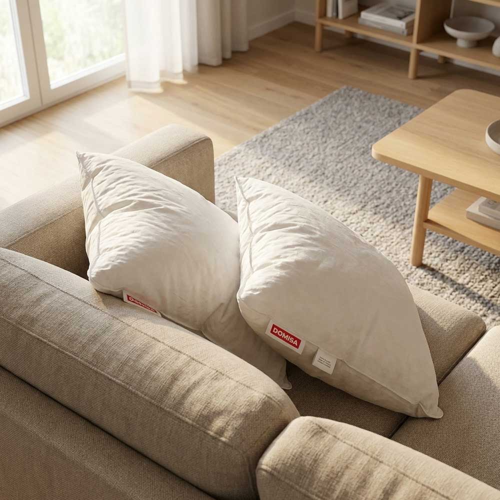 Doua perne de canapea umplute cu pene de gasca 40x40 cm albe intr-o sufragerie cu lemn