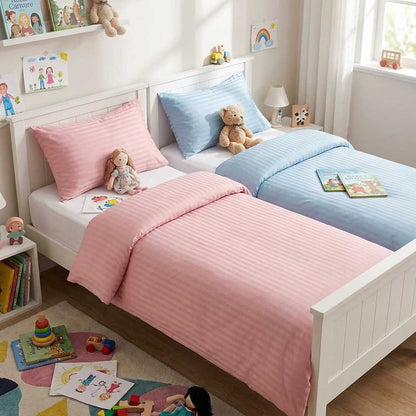 Set Husă Pilotă 100x140 și Față Pernă 30x50 pentru Copii, Bumbac Damasc Dungi Domisa, roz si albastru cu dungi