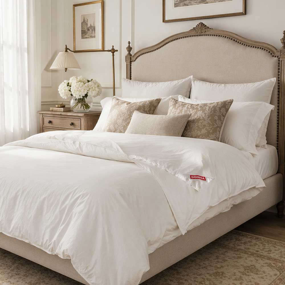 Set de pat Domisa Serene compus din două perne albe de 50x70 cm și o pilotă albă de 200x220 cm, umplute cu 90% puf și 10% pene de gâscă naturală, prezentate pe un pat elegant cu lenjerie albă imaculată