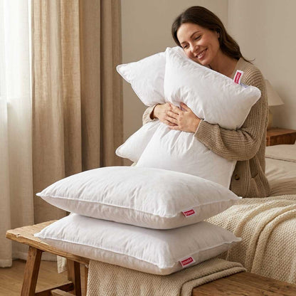 Set 4 perne Ovia Domisa 85 pene de gasca 50x70 cm albe tinute in brate de o femeie