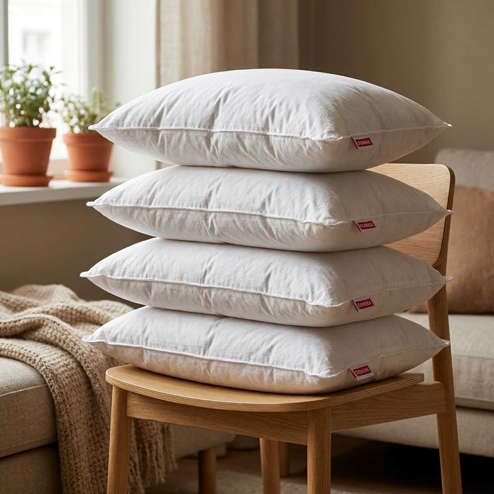 4 perne cu puf si pene de gasca asezate pe un scaun maro 